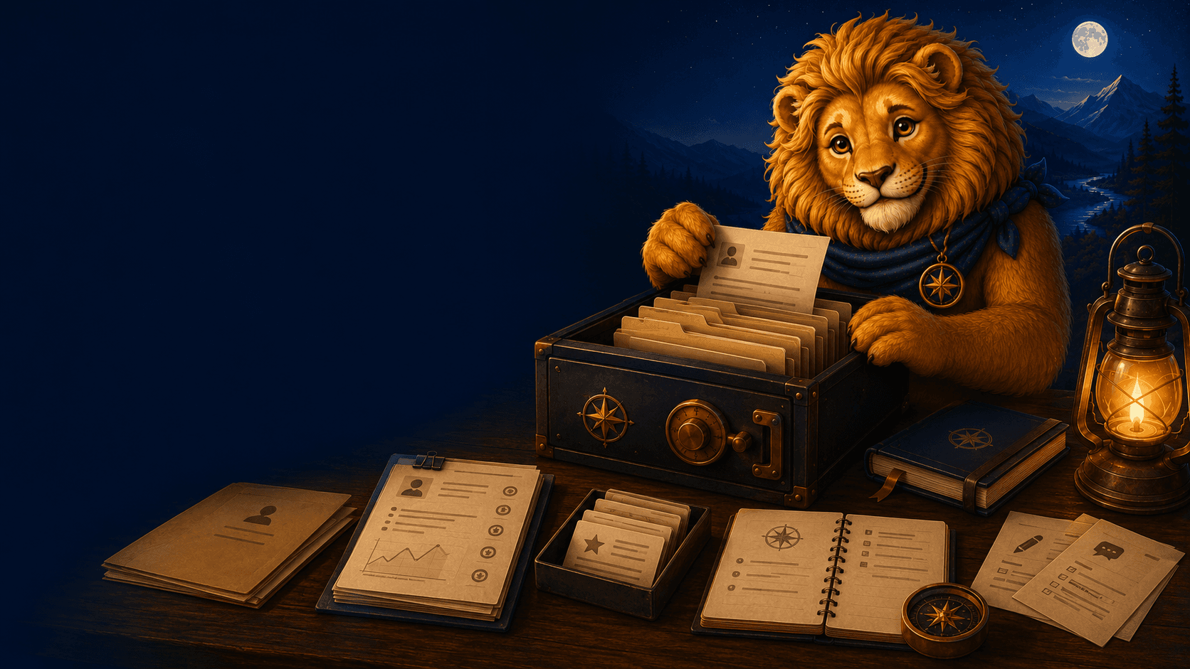 TrailScout lion guiding a career archive and profile workflow