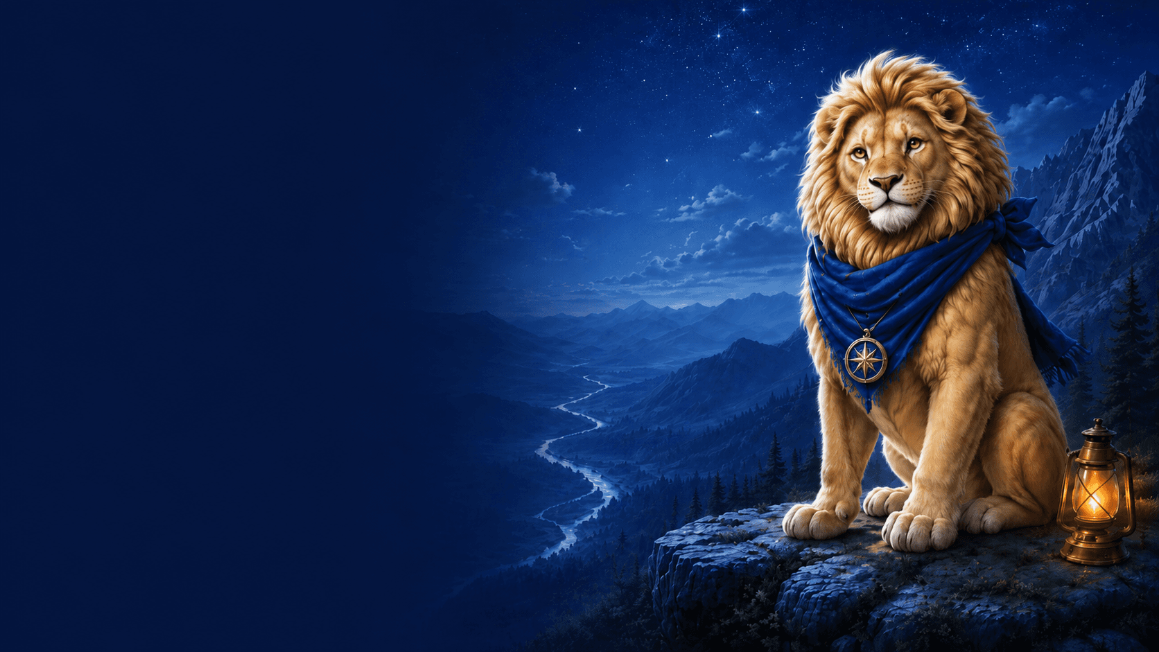 TrailScout lion overlooking a moonlit trail valley
