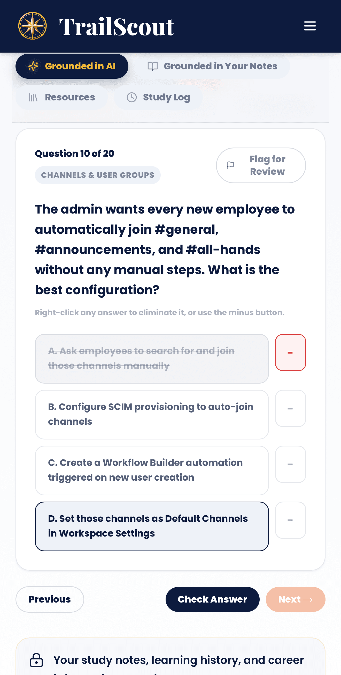 TrailScout Learning Hub practice question with an eliminated answer crossed out
