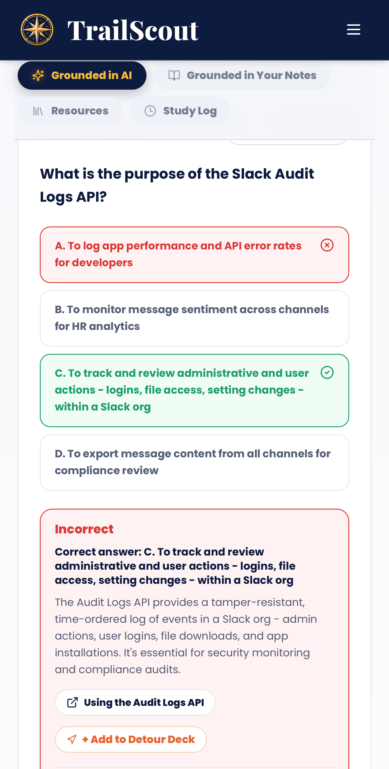 TrailScout Learning Hub explanation card with source and Detour Deck actions